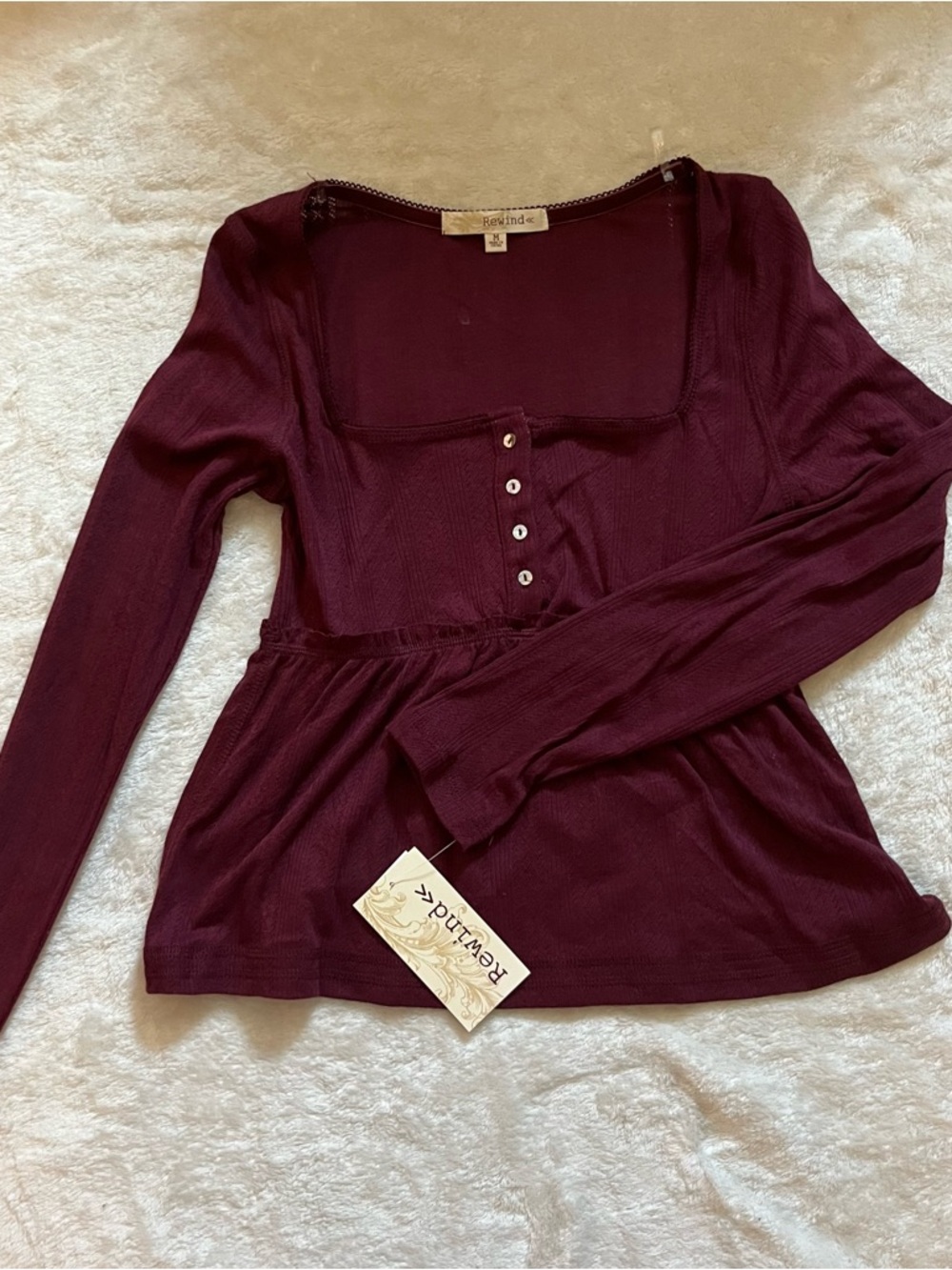 Rewind Wine Scoop Neck Long-Sleeve Top with Front Buttons